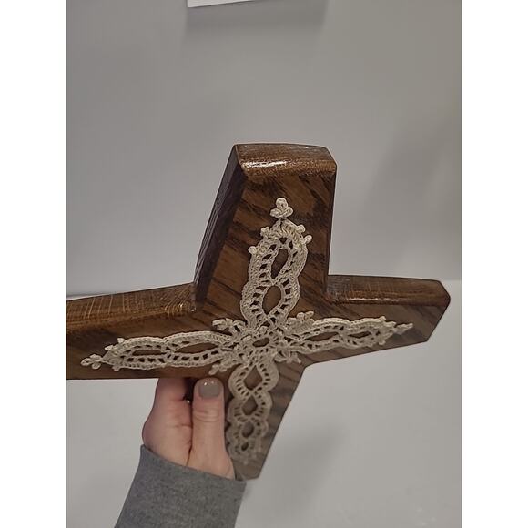 Wood Wall Cross Crucifix Oak Crochet 13" x 9" Hanging Decor Handmade Religious - Picture 11 of 13